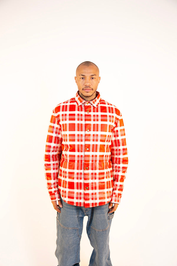1|24 PLAID LEATHER PUFFER SHIRT | RED+WHITE (4-8 WEEKS DELIVERY)