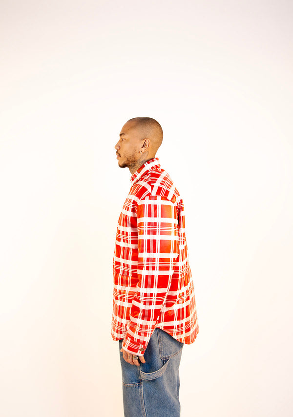 1|24 PLAID LEATHER PUFFER SHIRT | RED+WHITE (4-8 WEEKS DELIVERY)